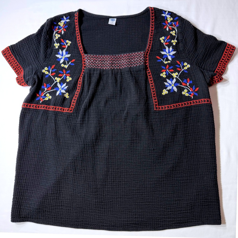 Old Navy Womens XL Black Cotton Gauze Embroidered Floral Square Neck Boho Top